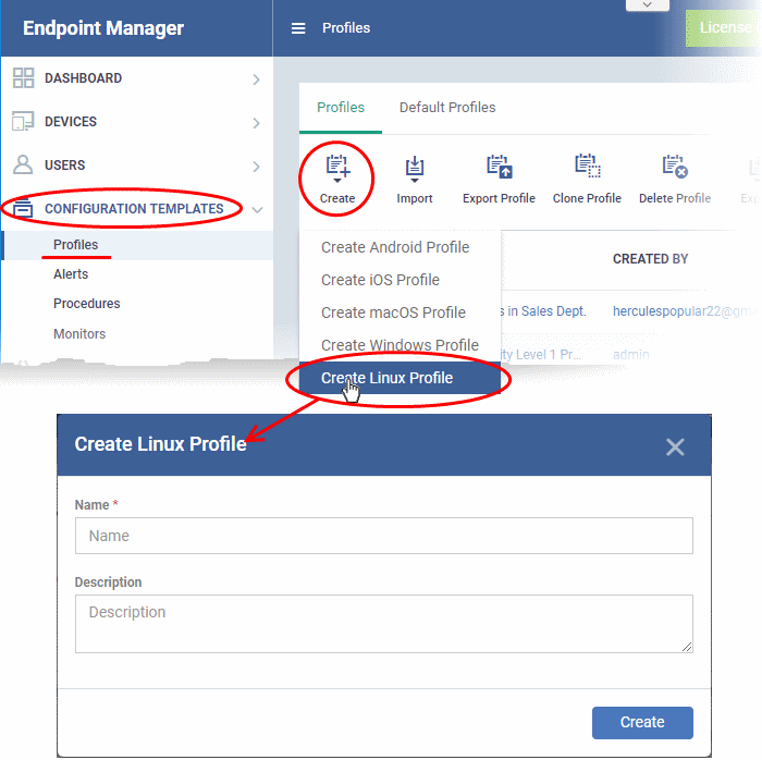 Create A Linux Profile, Device Manage, Security Manager, Endpoint